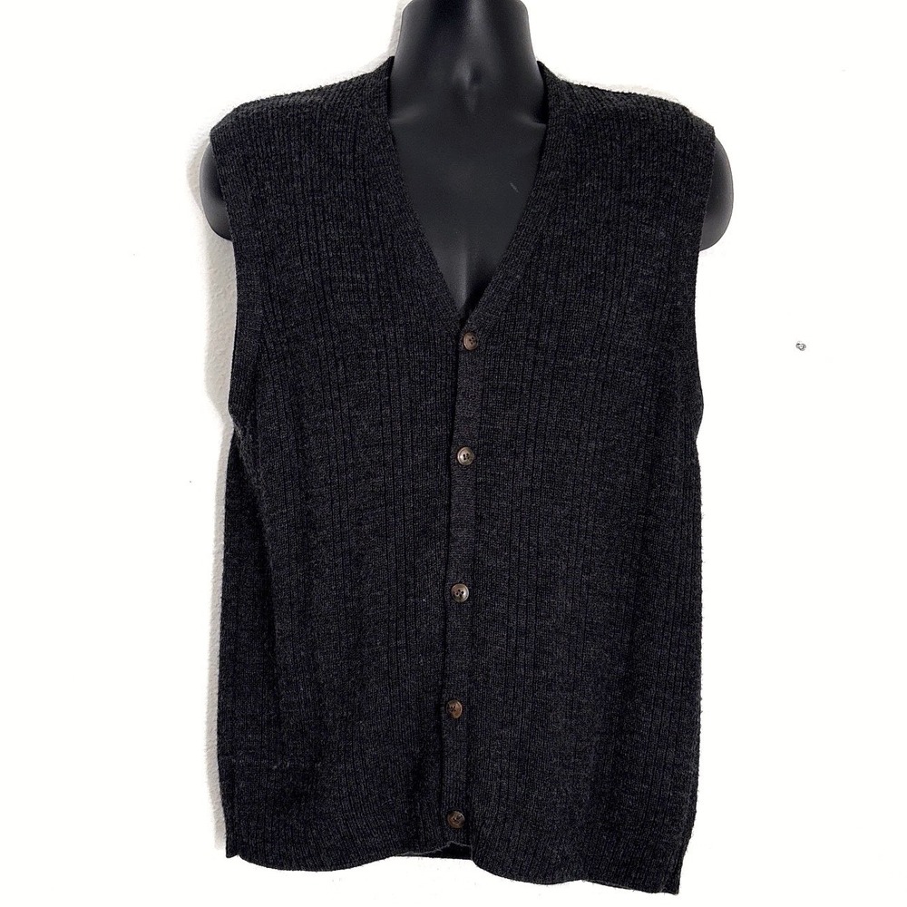 Claybrooke Mens Charcoal Grey Ribbed Button Front V-Neck Sweater Vest L Academia